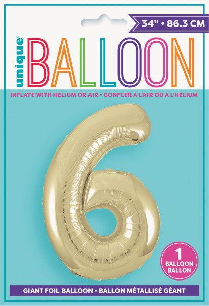 Gold Number 6 Shaped Foil Balloon 34'', Packaged