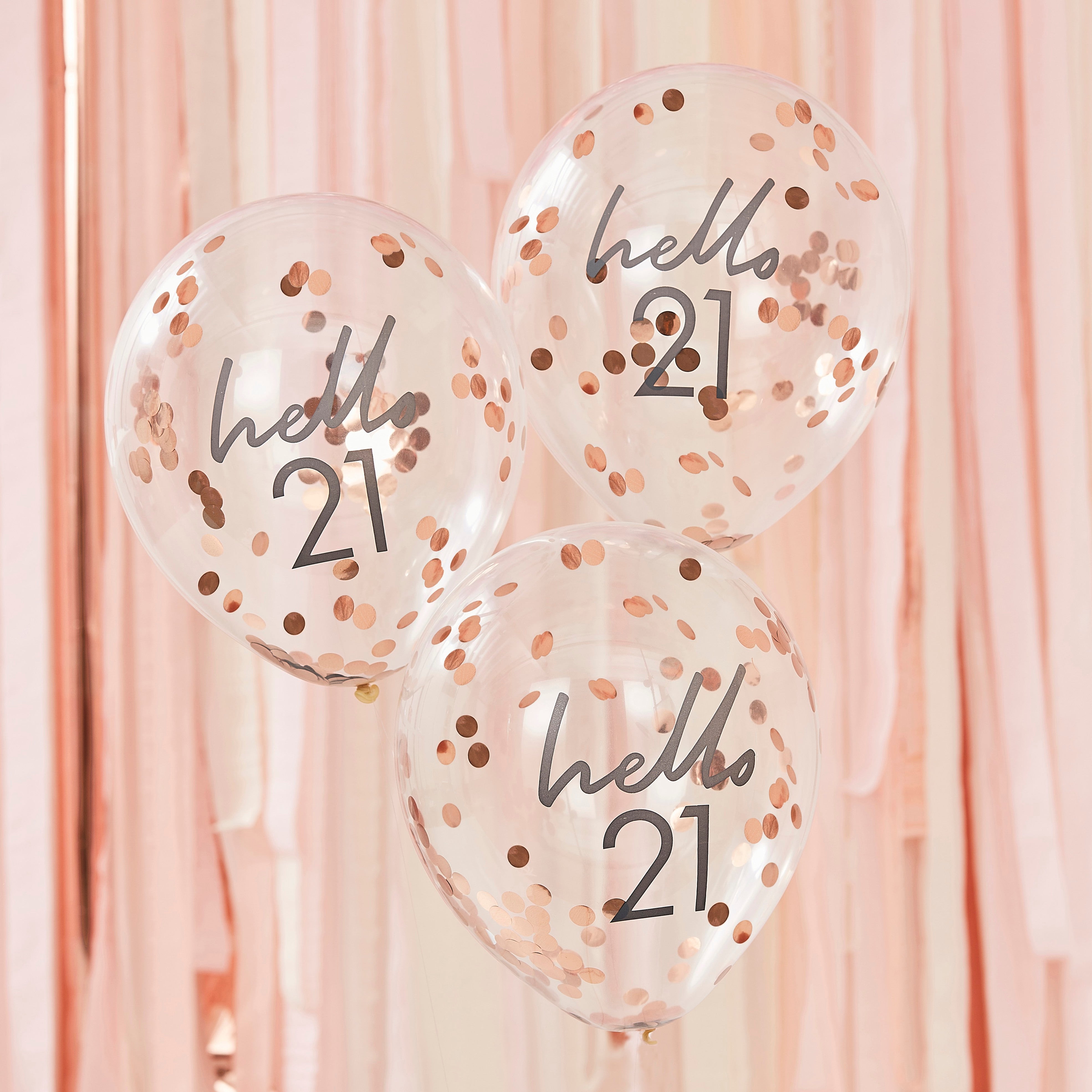 Hello 21 Rose Gold Confetti Latex Balloons 5pk