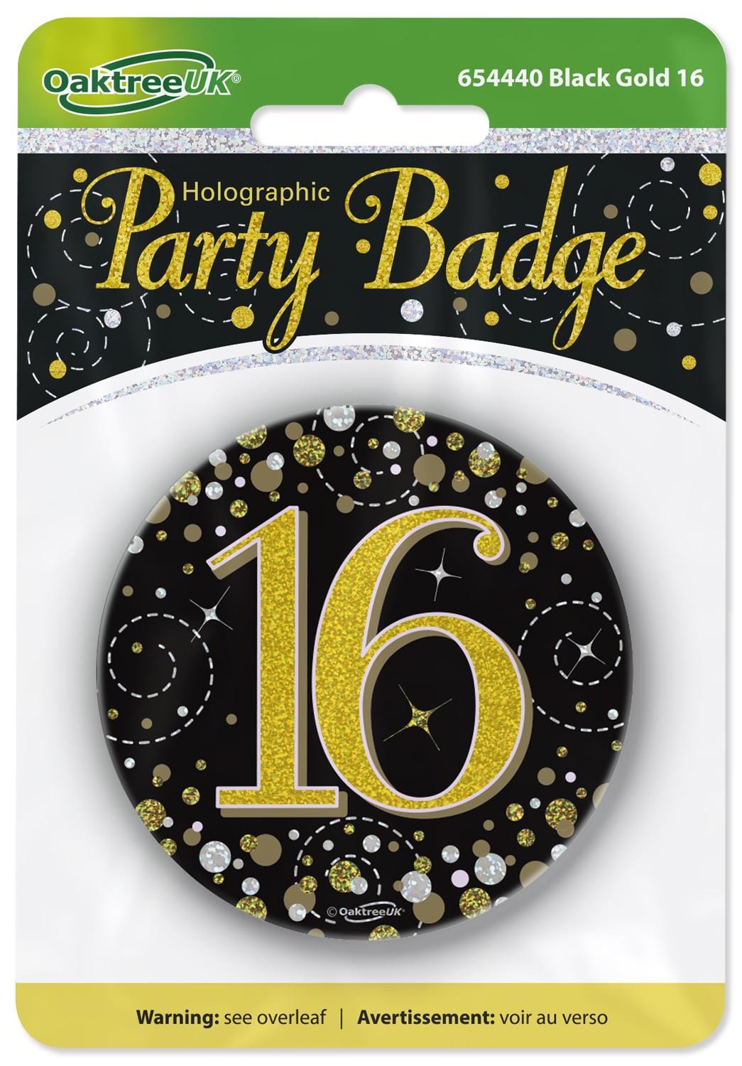 16th Birthday Sparkling Black Gold Fizz Badge