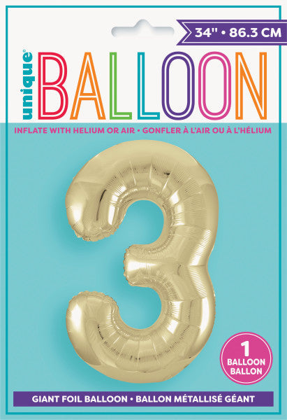 Champagne Gold Number 3 Shaped Foil Balloon 34'', Packaged