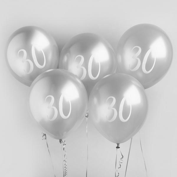 Silver Number 30 Latex Balloons 5pk