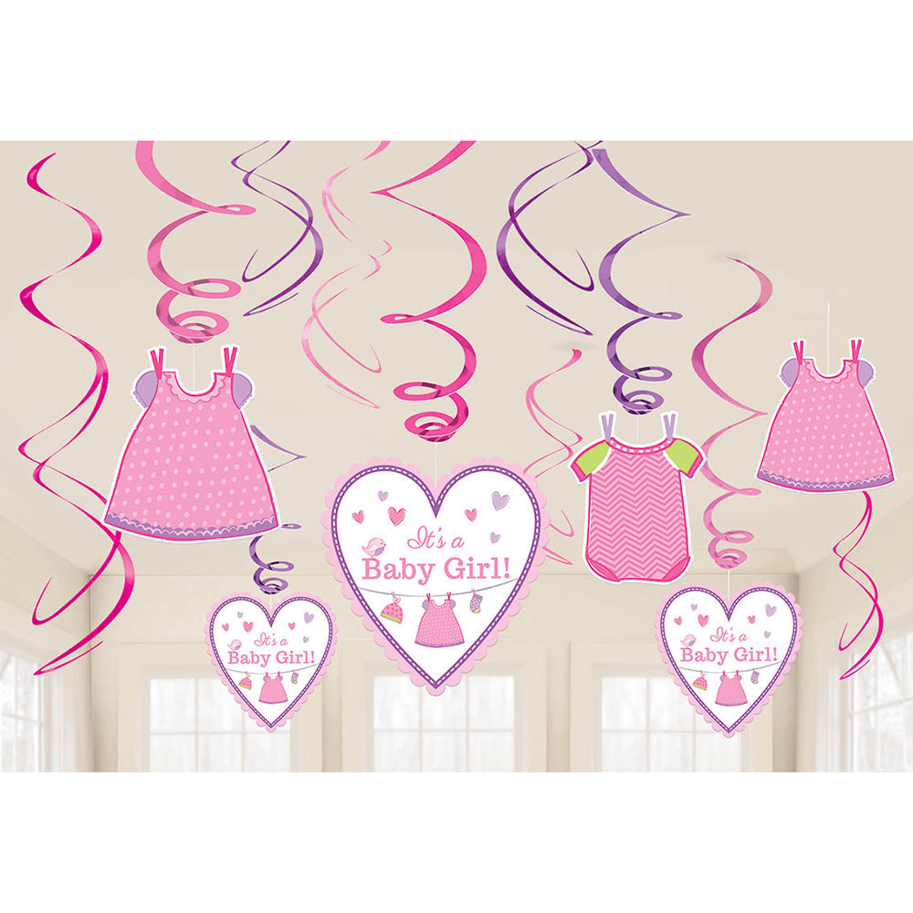 Shower with Love Baby Girl Foil Swirl Decorations (12 Pieces)