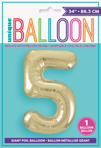 Gold Number 5 Shaped Foil Balloon 34'', Packaged