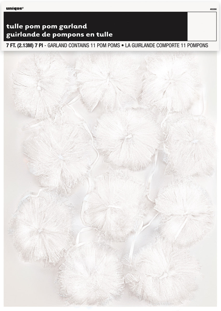 WHITE TULLE POM POM GARLAND 7FT