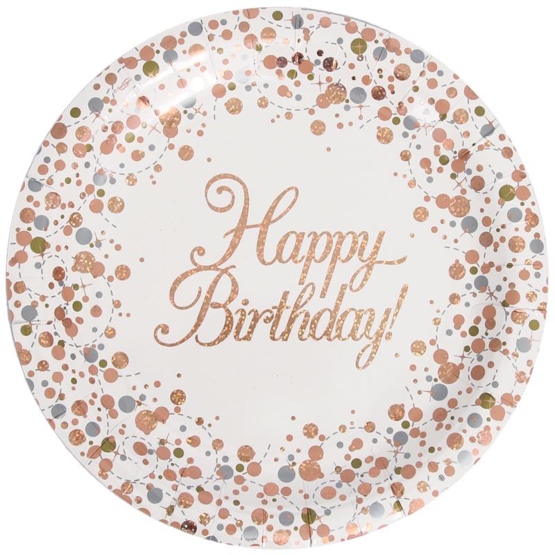 Happy Birthday Sparkling Fizz Rose Gold 23cm Plates 8pcs