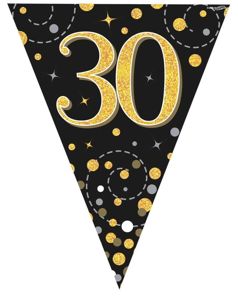 30th Birthday Bunting Black and Gold Fizz - 11 Flags 3.9M