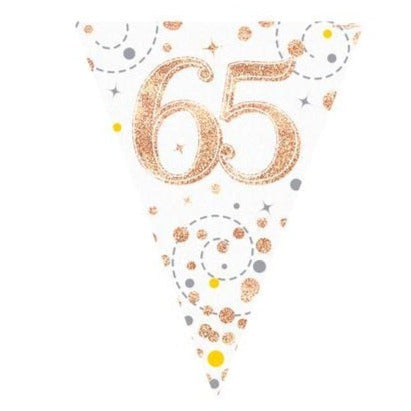 65TH BIRTHDAY WHITE & ROSE GOLD BUNTING - 11 FLAGS 3.9M