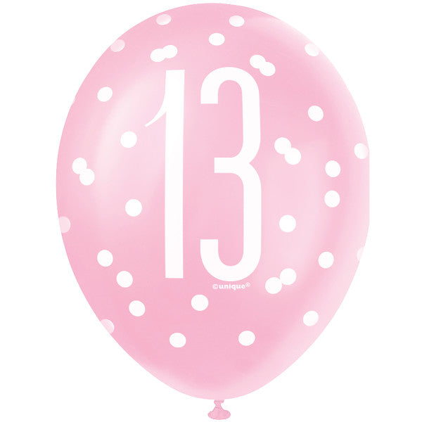 Pink Glitz 13th Birthday Latex Balloons 6pk