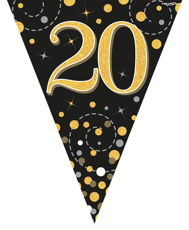20th Birthday Bunting Black and Gold Fizz - 11 Flags 3.9M
