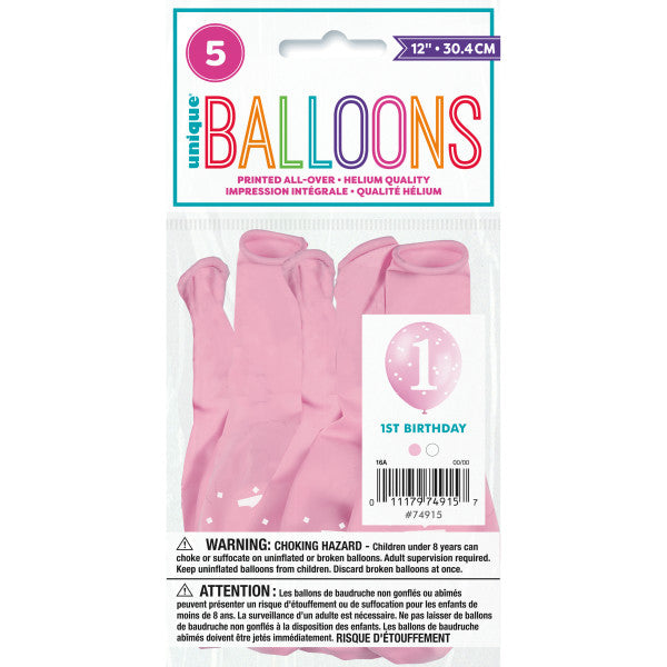Pink Gingham 1st Birthday 12" Latex Balloons 5pk