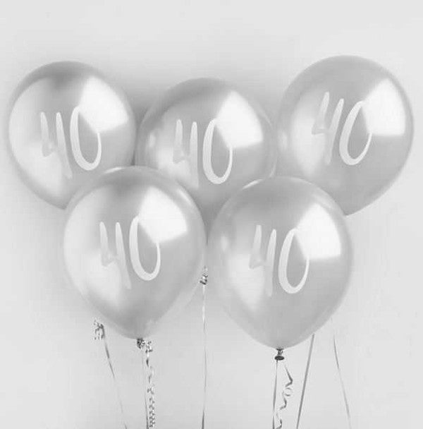 Silver Number 40 Latex Balloons 5pk