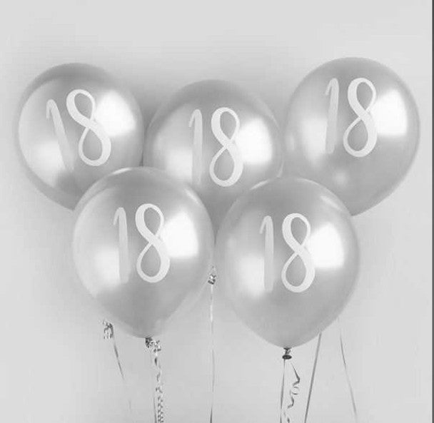 Silver Number 18 Latex Balloons 5pk