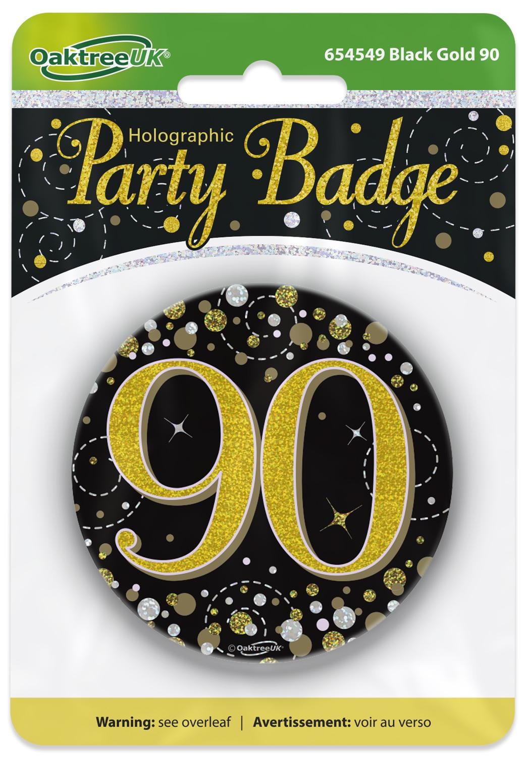 90th Birthday Sparkling Black Gold Fizz Badge