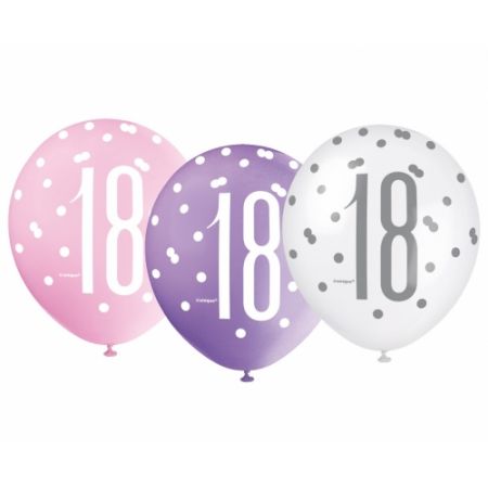 18th Pink Glitz Latex Balloons 6pk