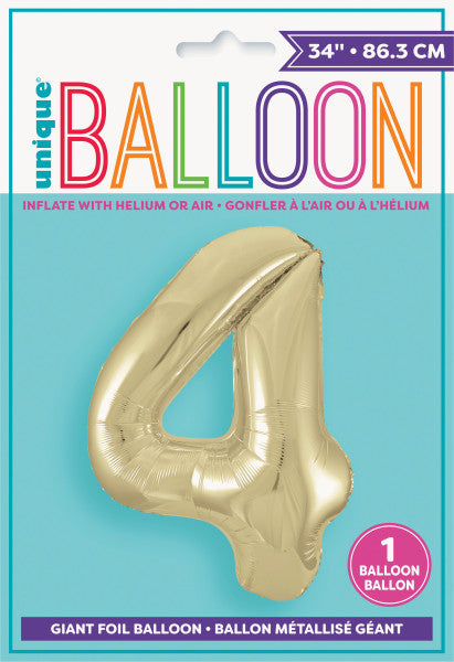 Champagne Gold Number 4 Shaped Foil Balloon 34'', Packaged