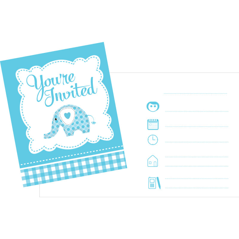 CHRISTENING BLUE ELEPHANT INVITATION 10 X12CM 8PK