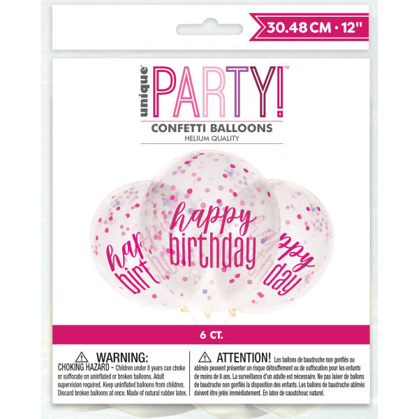 12'' Clear Printed Glitz ''Happy Birthday'' Balloons with Confetti, Pink & Silver 6pk