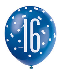 Blue Glitz 16th Birthday Latex Balloons 6pk