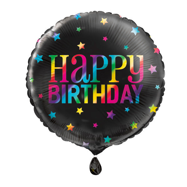 Rainbow Happy Birthday Round Foil Balloon 18'' Black with Stars