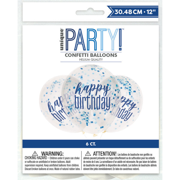 12'' Clear Printed Glitz ''Happy Birthday'' Balloons with Confetti, Blue & Silver 6pk