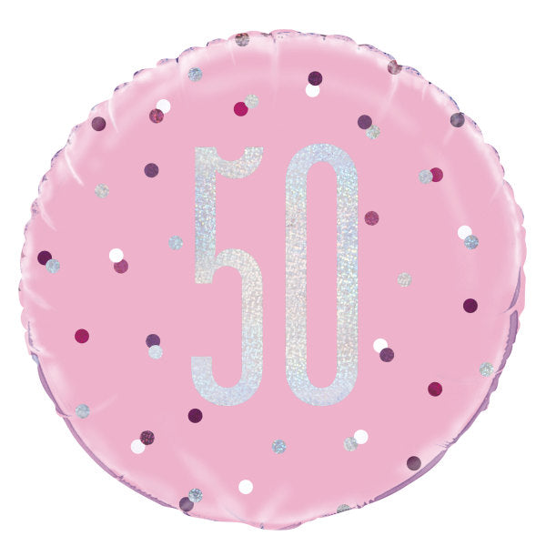 18'' Glitz Pink & Silver Round Foil Balloon | Age 50