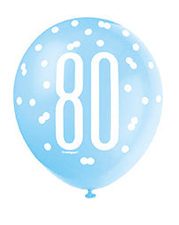 Blue Glitz 80th Birthday Latex Balloons 6pk