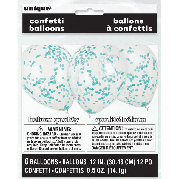 Clear Latex Balloons with Caribbean Teal Confetti 12'', 6ct