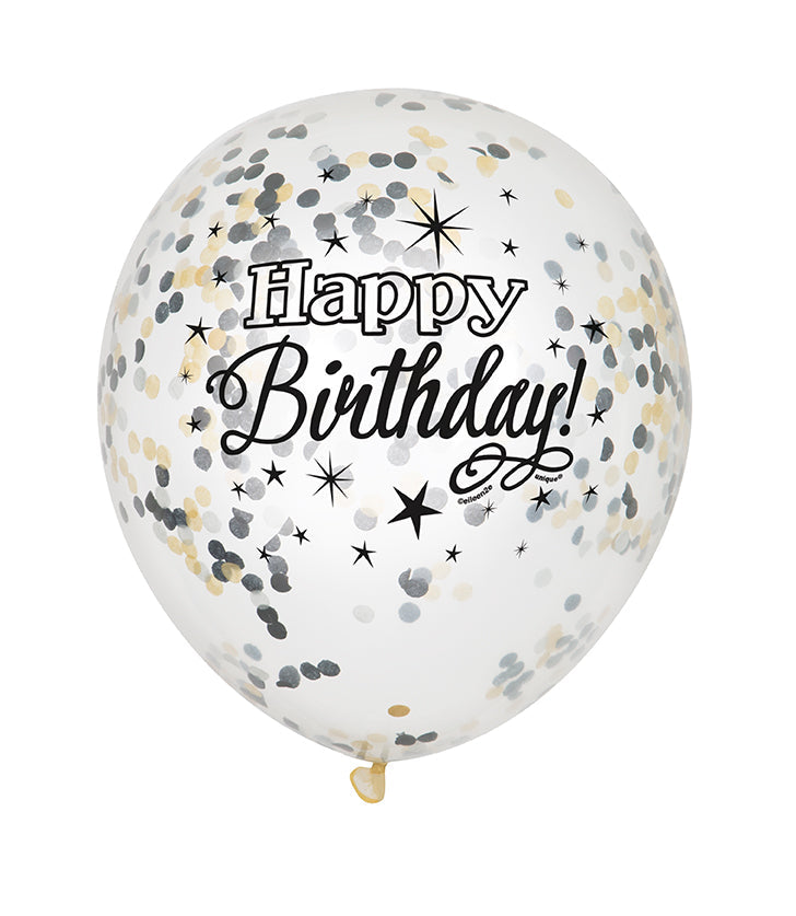 Happy Birthday Confetti Balloons - Silver & Gold 6pk