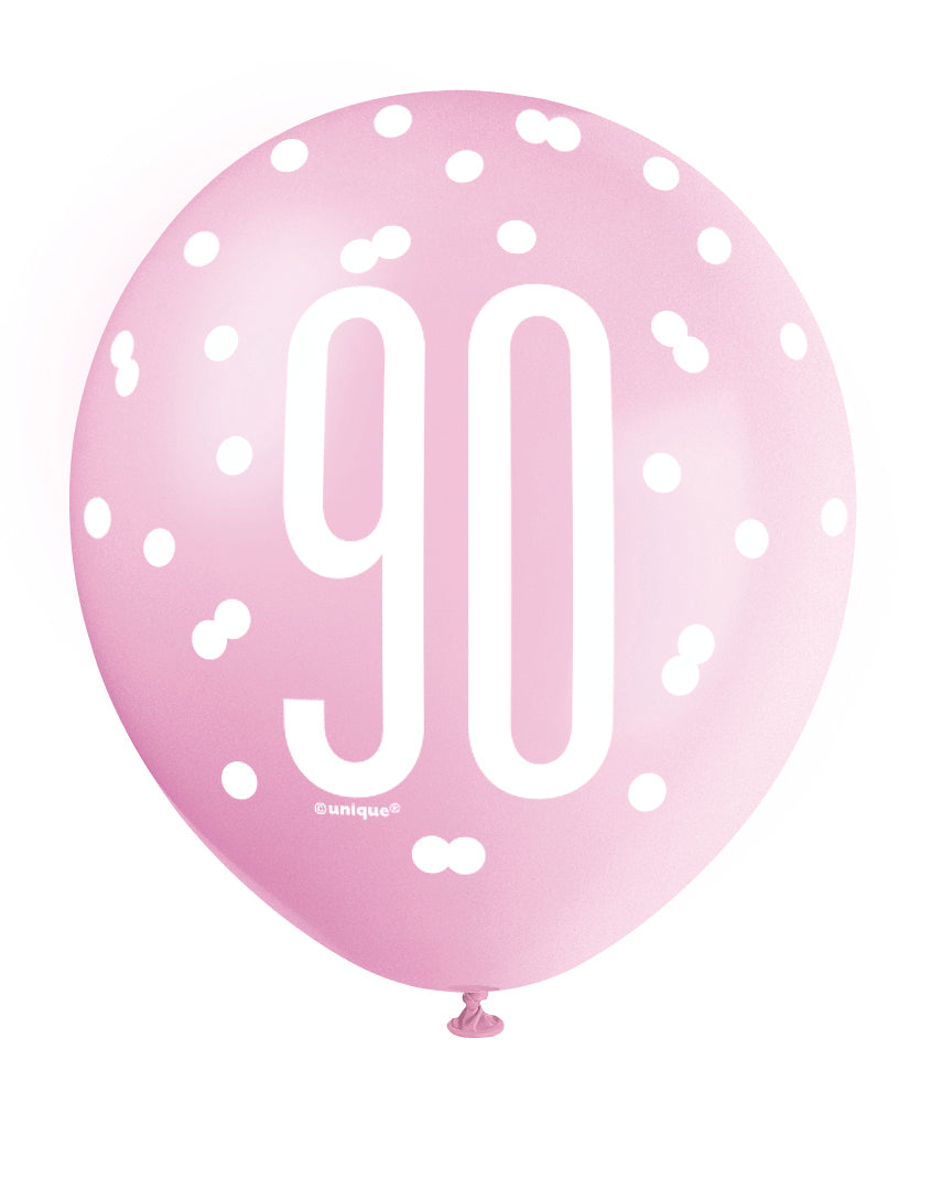 Pink Glitz 90th Birthday Latex Balloons 6pk