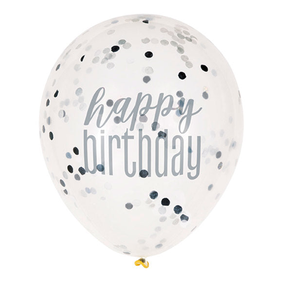 12'' Clear Printed Glitz ''Happy Birthday'' Balloons with Confetti, Black & Silver 6pk