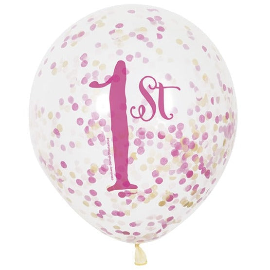 12'' 1ST BIRTHDAY PINK & GOLD LATEX WITH CONFETTI 6PK