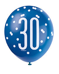 Blue 30th Birthday Balloons, Pack of 6