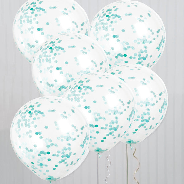 Clear Latex Balloons with Caribbean Teal Confetti 12'', 6ct