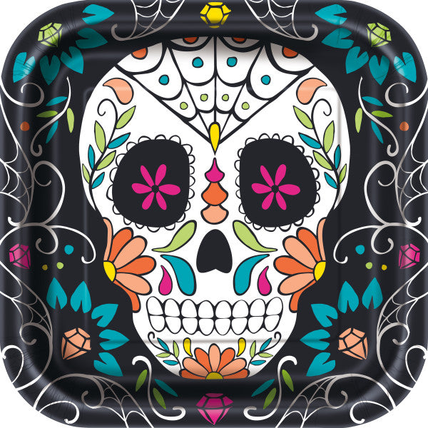 Skull Day of the Dead Square 9'' Dinner Plates, 8ct
