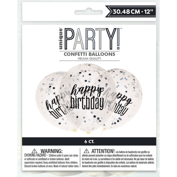 12'' Clear Printed Glitz ''Happy Birthday'' Balloons with Confetti, Black & Silver 6pk