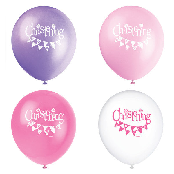 Pink Bunting Christening 12'' Latex Balloons, 8ct