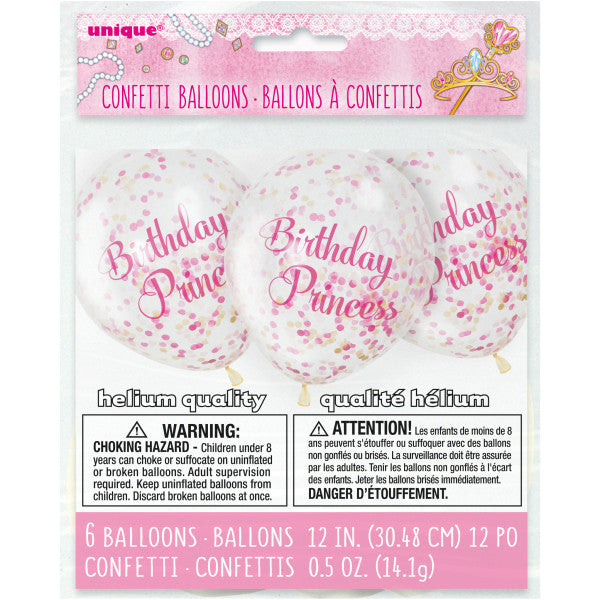 Pink Princess Clear Latex Balloons with Confetti 12'', 6ct