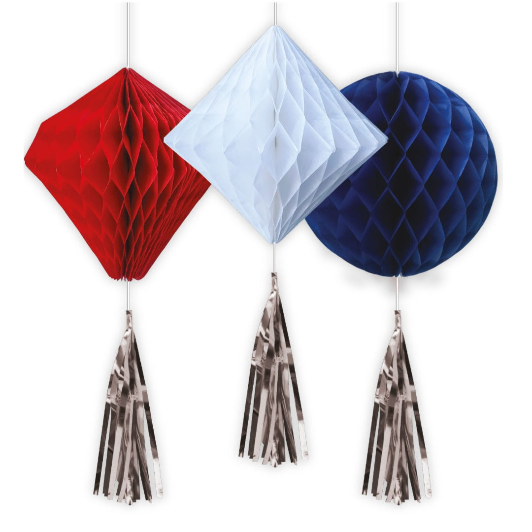 A Day to Remember Red White & Blue Honeycomb Decorations with Tassels 3pc
