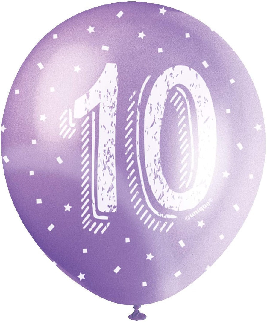 Pearlised Latex Assorted Number 10 Birthday Balloons, Pack of 5