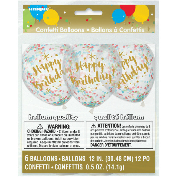 Glitzy Gold Birthday Clear Latex Balloons with Confetti 12'', 6ct