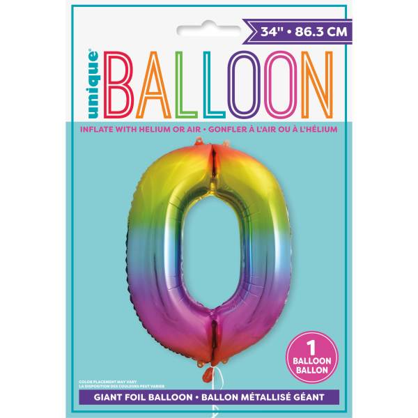 Rainbow Number 0 Shaped Foil Balloon 34'',