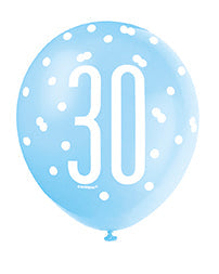 Blue 30th Birthday Balloons, Pack of 6