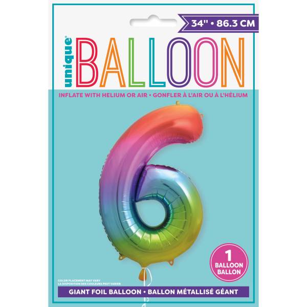 Rainbow Number 6 Shaped Foil Balloon 34'',