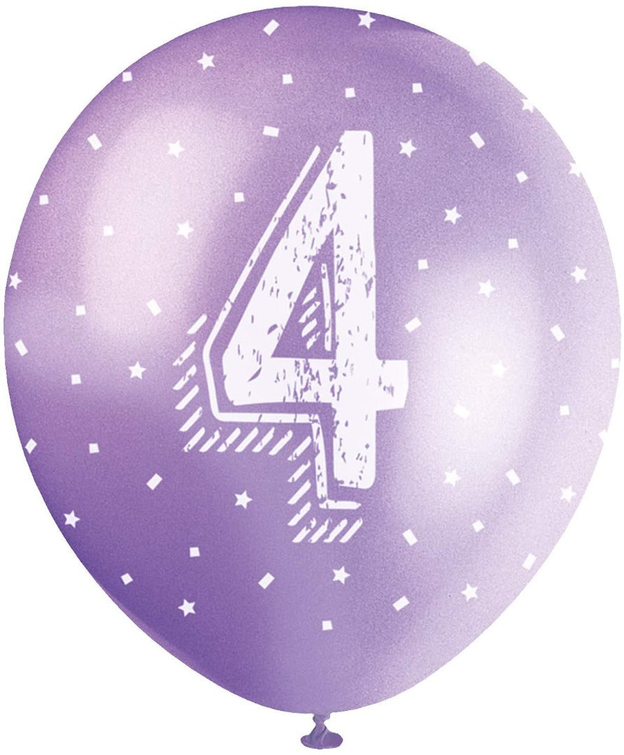 Pearlised Latex Assorted Number 4 Birthday Balloons, Pack of 5