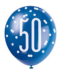 Blue Glitz 50th Birthday Latex Balloons 6pk