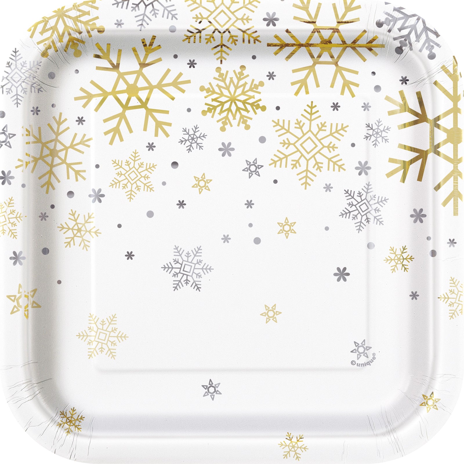 Square Silver & Gold Snowflakes Holiday Paper Plates, 7 in